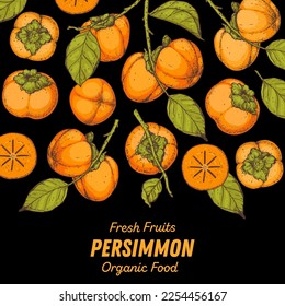 Persimmon fruit hand drawn design. Vector illustration. Design, package, brochure illustration. Persimmon fruit frame illustration. Design elements for packaging design and other.