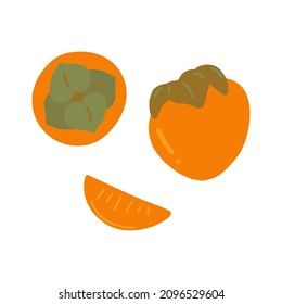 persimmon fruit, leaf and slice set hand drawn. vector, minimalism. isolated, icon sticker