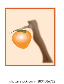 Persimmon fruit on a tree branch, front view, lighted from upfront isolated on orange background with orange border