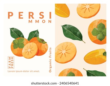 Modelos de diseño de embalajes de frutas de tipo persimmon, ilustración vectorial de estilo acuarela.