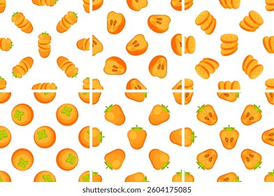 Persimmon fruit pattern showing whole, sliced and halved orange persimmons on white background