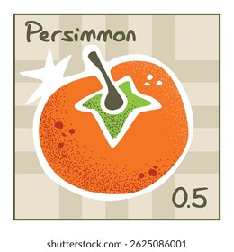 Persimmon fruit postage stamp template. Vector vintage style design isolated on transparent background. Hand-drawn mail postmark with exotic tropical fruit . Bright and trendy cartoon sticker.