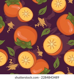 Persimmon fruit seamless vector pattern on a purple background with leaves. Perfect for wallpaper, food wrapping paper, fabric, background etc