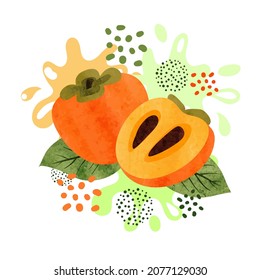 Persimmon fruit splash design. Vector watercolor illustration.