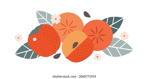 Persimmon fruits. Flat illustration. Whole and cut fruits, leaves, persimmon pits and flowers.