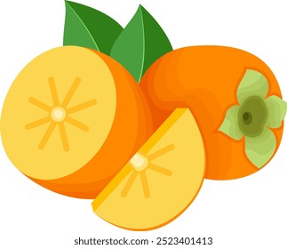 Persimmon Fruits with Slices and Leaves Illustration Isolated on White Background