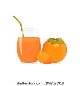 Persimmon, glass of smoothie with a drinking straw.