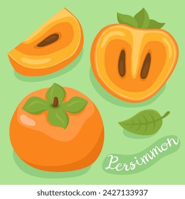 Persimmon. Half, slice and whole of juicy persimmon. Fresh, ripe fruit.  Cartoon vector illustration.