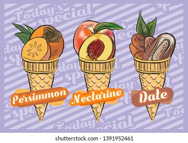 Persimmon ice cream. Nectarine ice cream. Date ice cream. Vector illustration of fruit ice cream cone, Hand-drawn design
