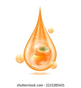 Persimmon inside water droplets orange shining with oxygen bubbles isolated on white background. Serum vitamin collagen used for products skincare cosmetic. Realistic 3d vector EPS10.