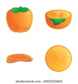 Persimmon jam icons set cartoon vector. Delicious toast with jam and ripe fruit. Healthy nutrition