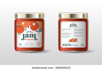 Persimmon jam. Label for jar and packaging. Whole and cut fruits, leaves and flowers, text, stamp(sugar free).