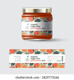 Persimmon Jam label and packaging. Jar with cap with label. White strip with text and on seamless pattern with fruits, flowers and leaves.