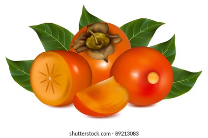 Persimmon with leaves. vector illustration.