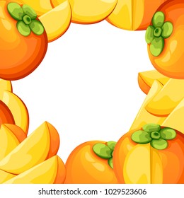 Persimmon with leaves whole and slices Vector illustration of persimmon. Vector illustration for decorative poster, emblem natural product, farmers market. Website page and mobile app.
