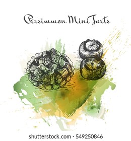 Persimmon Mini Tarts watercolor effect illustration. Vector illustration of Persian cuisine.