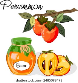 Persimmon on a branch and a jar of jam.Vector illustration with ripe persimmon on a branch and jam in a jar on a transparent background with text.