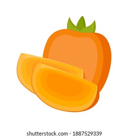 Persimmon sobre fondo blanco, frutos enteros y rodajas, ilustración vectorial