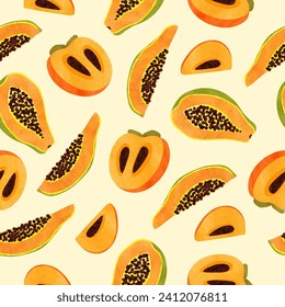 Persimmon and papaya fruit pattern. Vector seamless tropical orange fruits illustration