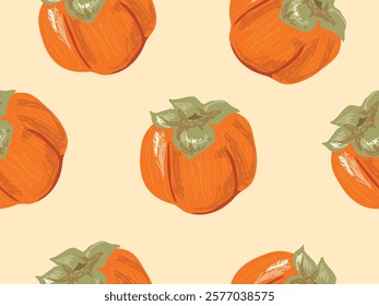  Persimmon seamless pattern. Food background, outline vegetable background with hand drawn vector illustratio