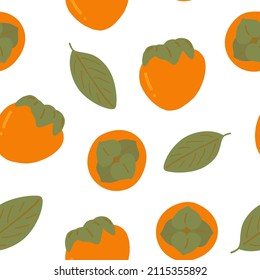 el persimmon se dibuja a mano sin fisuras. vector, minimalismo. papel pintado, fondo, textil, papel de envoltura. fruta, hojas.