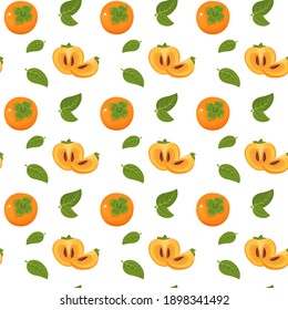 Persimmon seamless pattern on a white background. Sweet healthy lifestyle ornament, vegan, vegetarian. Vector flat cartoon illustration for packaging, paper, food decorative elements