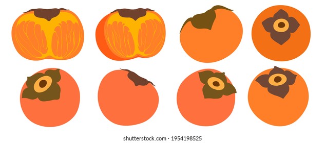 Persimmon set. Whole persimmon fruits and persimmon halves