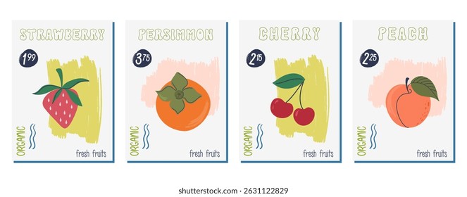 Persimmon, strawberry, cherry, peach. Vibrant colors set of fruits and berries posters. Cute vintage cards, posters, price tags. Hand drawn flat design vector illustrations.
