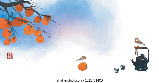 Persimmon tree with big orange fruits, two little birds and old teapot. Traditional oriental ink painting sumi-e, u-sin, go-hua. Translation of hieroglyph - double luck