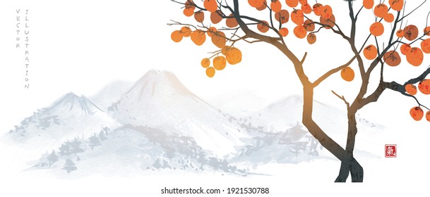 Persimmon tree with big orange fruits and far blue mountains. Translation of Hieroglyph - life energy. Vector illustration in japanese style.