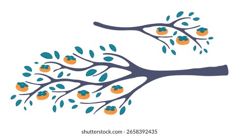 Rama de árbol de caqui con fruta, hojas, aislado en transparente. Ilustración vectorial plana dibujada a mano. Festival coreano de medio otoño Chuseok, colección de Elementos de diseño de temporada de cosecha, conjunto de arte de Clip