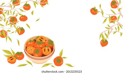 Persimmon tree branches with fruits and leaves. Ripe and juicy persimmon fruit in bowl. Frame for autumn harvest and Chuseok. Isolated vector illustration. Template design with cope space for text.