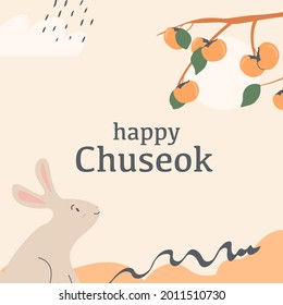 A persimmon tree brunch with fruits and rabbit looking at full moon. Greeting card for thanksgiving day in Korea. Korean traditional harvesting holiday. Happy Chuseok translation in english. Vector.