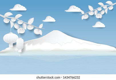 Persimmon tree with lantern and mountain. Mid Autumn, Moon Festival, Chuseok Festival Korean Thanksgiving paper craft illustration background