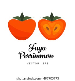 Persimmon vector editable illustration, Fuyu type. Kaki drawn in flat simple style.