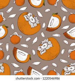 Persimmon vector seamless pattern. Hand drawn object with Persimmon sliced piece and seeds. Fruit sketch style wallpaper. Detailed vegetarian food sketch