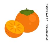 Persimmon whole fruit and half sliced isolated on white background. Ripe diospyros kaki or oriental persimmon cartoon icon for package design. Vector illustration of tropical fruits in flat style.