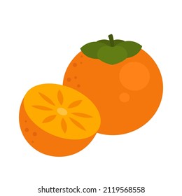 Persimmon whole fruit and half sliced isolated on white background. Ripe diospyros kaki or oriental persimmon cartoon icon for package design. Vector illustration of tropical fruits in flat style.