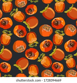 Persimmon whole seamless pattern on a blacck background. Sharon fruit endless pattern vector illustration, design for wallpapers, fabrics, textiles, packaging.