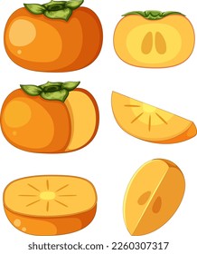 Persimmon in whole and sliced pieces illustration