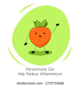 Los Persimmones Pueden Ayudar A Reducir La Inflamación. Ilustración sobre los beneficios de Persimmon. Al estilo kawaii. Diseño plano. Fruta tropical
