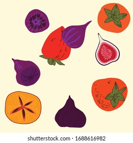 a lot of persimmons and figs. scattering of fresh fruits. healthy food