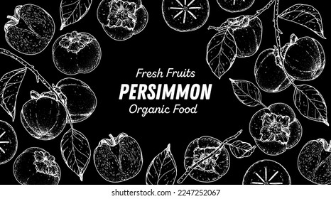 Persimmons fruit hand drawn design. Vector illustration. Design, package, brochure illustration. Persimmon fruit frame illustration. Design elements for packaging design and other.