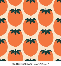 Ilustración vectorial dibujada a mano de caquis. Fruta madura en patrón sin fisuras de estilo plano para la tela de la cocina o el Fondo de pantalla.