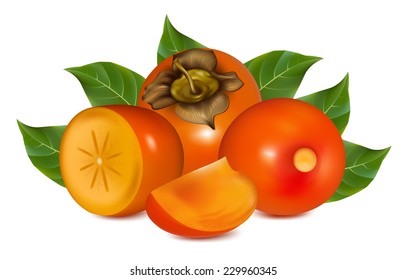 Persimmons with leaves. Vector illustration.