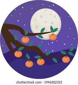 Persimmons on Tree Branch - Several bright orange persimmons hanging from tree branch. Happy Mid autumn festival Chuseok. Vector illustration