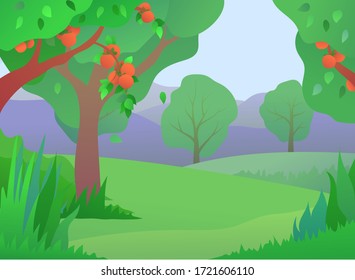 Persimmons orchard in flat style. Ripe persimmons on trees in summer garden. Organic farming and fruits harvesting, local food growing vector illustration. Countryside landscape with fruit trees.