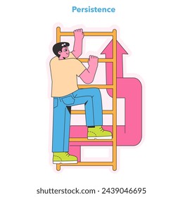 Persistence concept. Man climbs abstract graph, reaching goals against odds. Effort and determination in progress. Vector illustration.