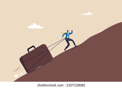 Persistence, effort and motivation to be success, challenge, overcome difficulty and achieve target, hard work, endurance and practice concept, strong businessman drag big business briefcase uphill.