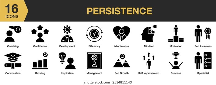 Conjunto de iconos de glifo de persistencia. Incluye eficiencia, crecimiento, inspiración, administración, mentalidad y más. Colección de Vector de iconos sólidos.